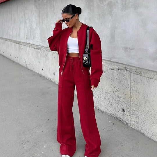 Damen nan Oversize Reißverschlussjacke mit weiter High-Waist Loungehose Set EB