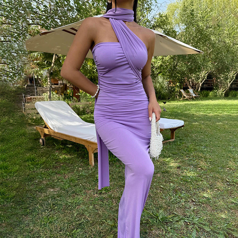 Damen Elegantes Maxikleid mit asymmetrischem Design und Drapierung EB