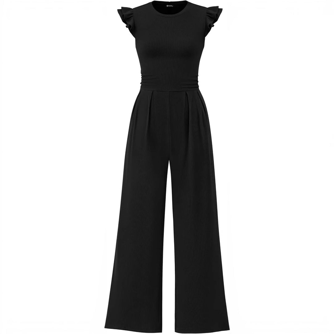 Damen eleganter Jumpsuit mit Puffärmeln und weitem Bein EB