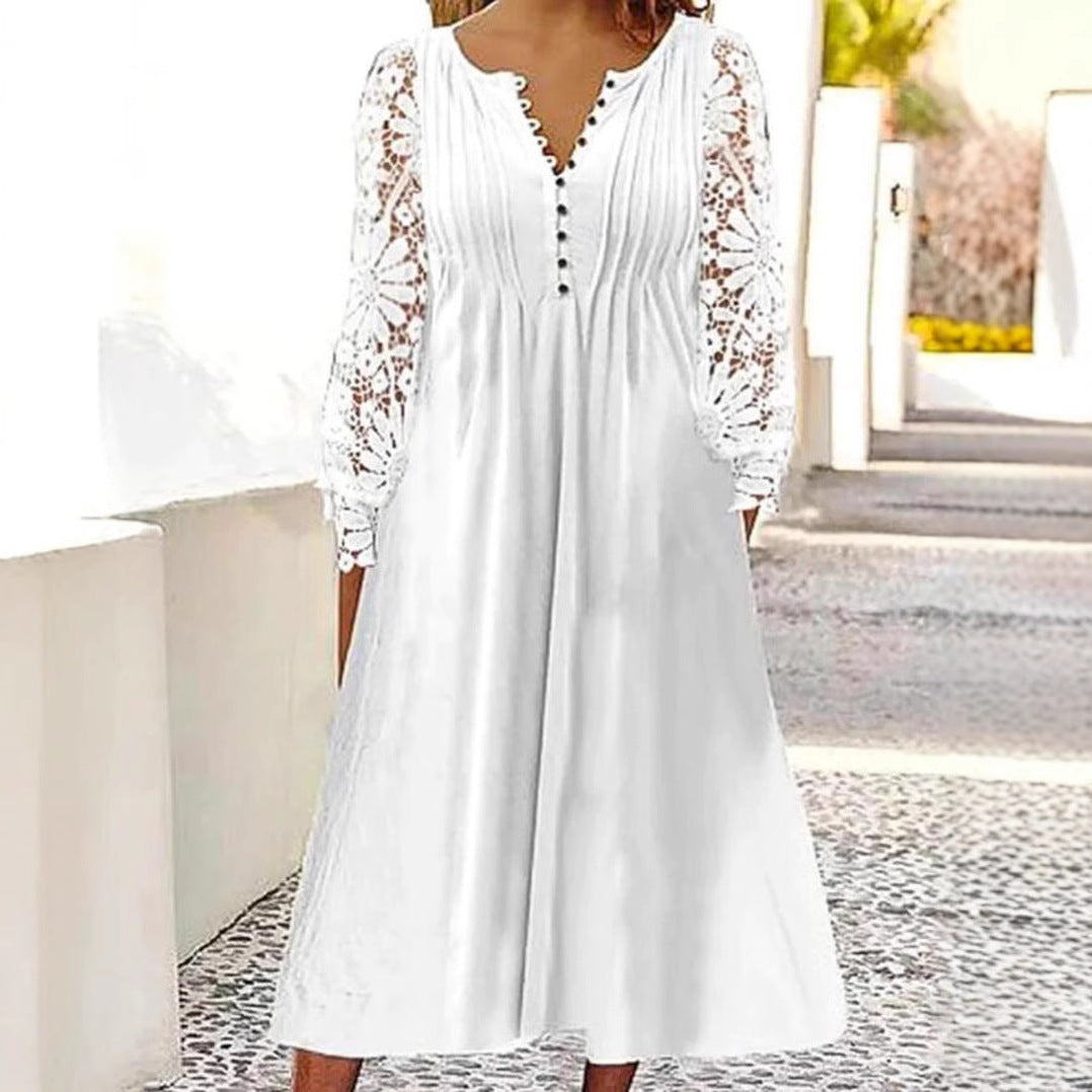 Damen Midikleid mit eleganter Lochspitzenärmel und Knopfleiste Heidi-Mode