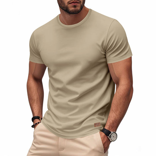 Herren nan schlankes Rundhals-T-Shirt aus glattem Stretchjersey mit dezenter Leder-Logoapplikation EB
