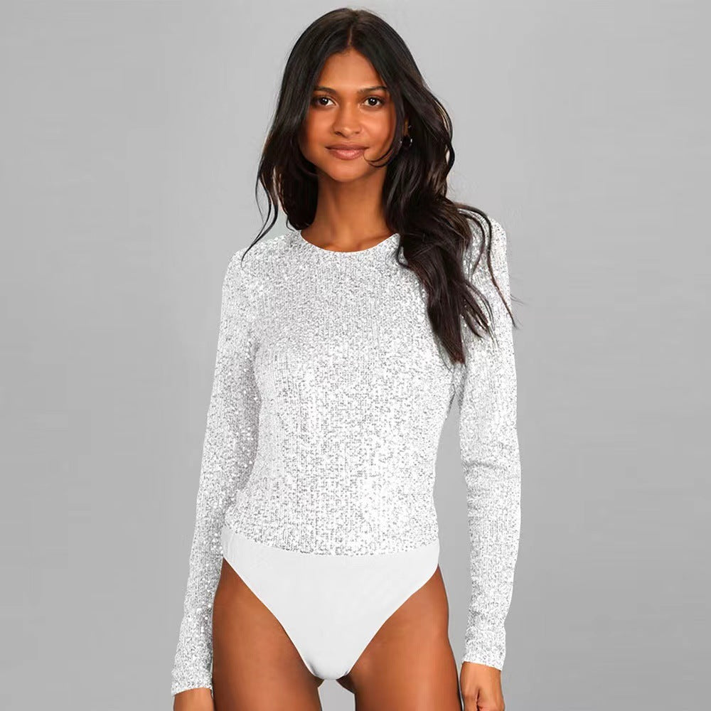 Damen Glitzerndes Bodysuit mit langen Ärmeln und schimmerndem Obermaterial EB