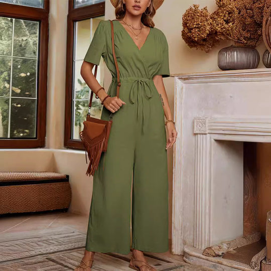 Damen lässiger Jumpsuit mit Taillengürtel und weitem Bein EB