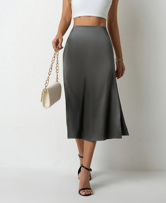 Damen eleganter Satin-Midirock mit fließendem Schnitt und hohem Bund EB
