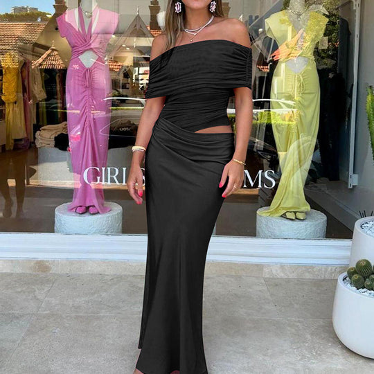 Damen elegantes Off-Shoulder Maxikleid mit figurformendem Wickeldesign EB