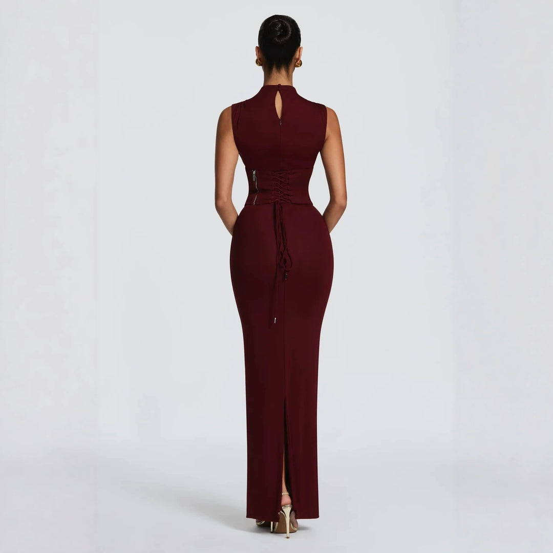 Damen Elegantes langes Kleid mit hohem Kragen und figurbetonter Silhouette EB