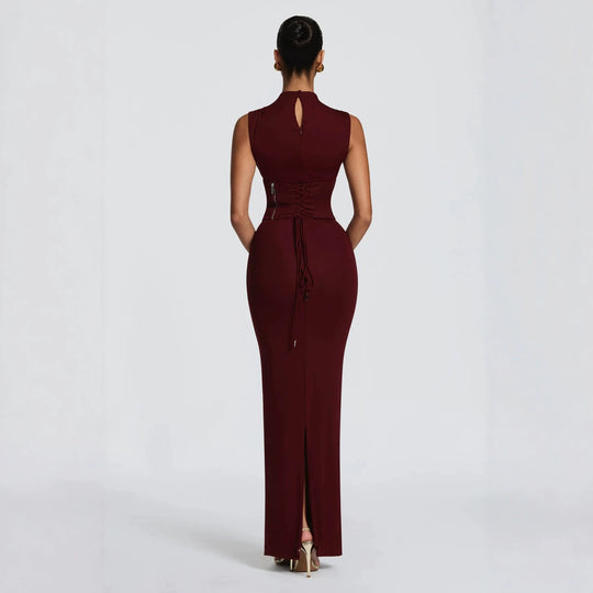 Damen Elegantes langes Kleid mit hohem Kragen und figurbetonter Silhouette EB
