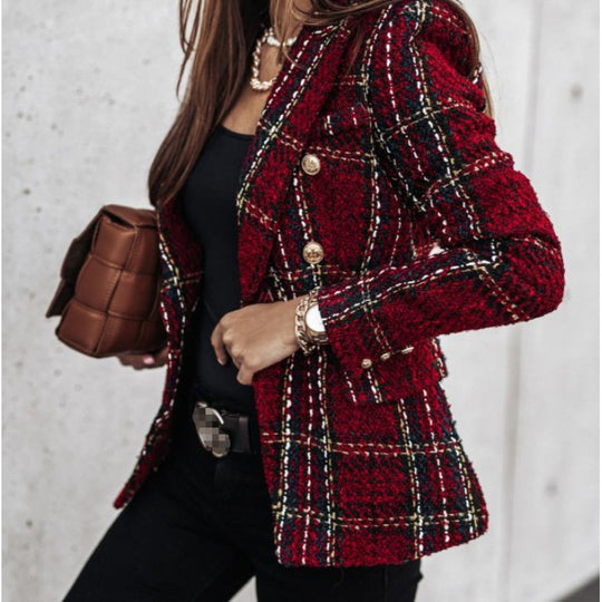 Damen nan eleganter Tweed-Blazer mit Doppelknopf, strukturierter Webung und aufgesetzten Taschen EB