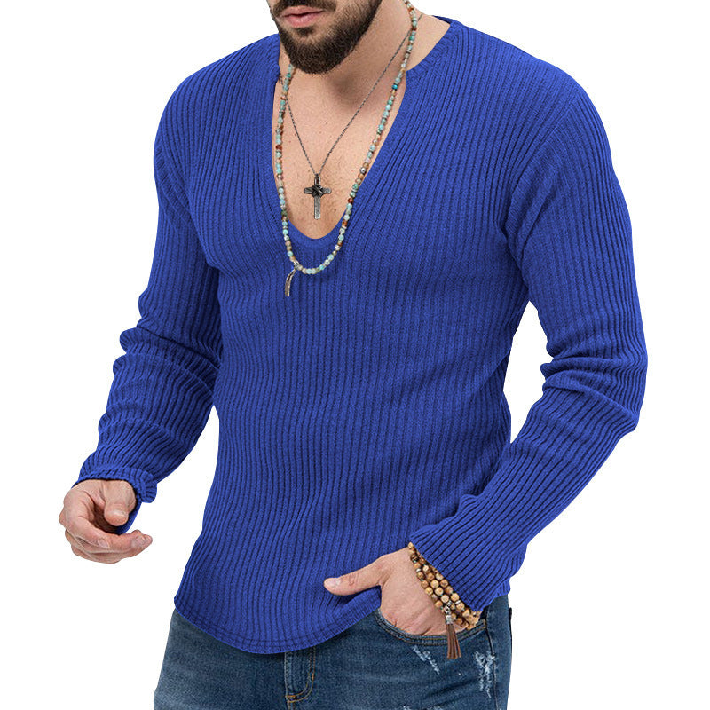 Herren Langarm-Rippenpullover mit tiefem V-Ausschnitt und modernem Schnitt EB