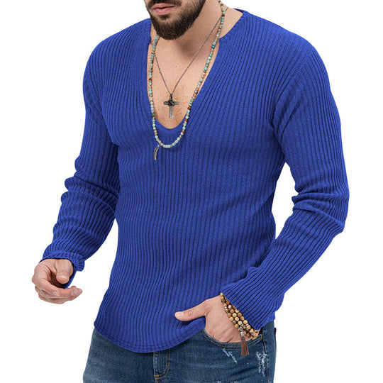 Herren Langarm-Rippenpullover mit tiefem V-Ausschnitt und modernem Schnitt EB