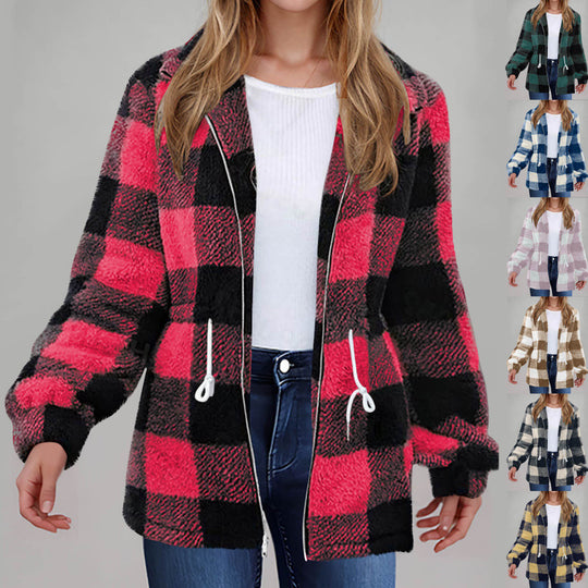 Damen kuschelige Oversize-Jacke mit kariertem Muster EB