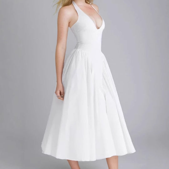 Damen Midikleid mit tiefem V-Ausschnitt und fließendem Rock EB