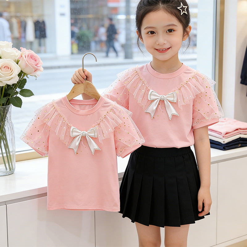 Mädchen T-Shirt mit Rüschendetails und transparenten Puffärmeln EB