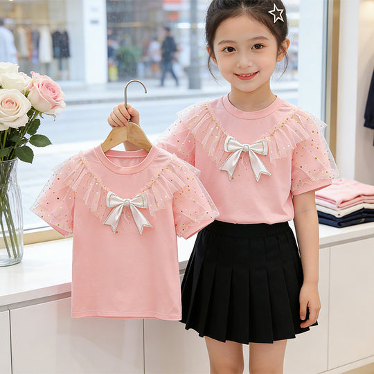 Mädchen T-Shirt mit Rüschendetails und transparenten Puffärmeln EB