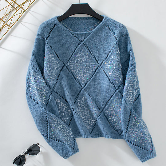 Damen modischer Pullover mit aufwendigem Strickdesign und Glitzerelementen EB