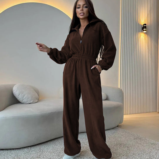 Damen Oversized Loungewear-Jumpsuit mit halbem Reißverschluss und elastischer Taillenraffung EB