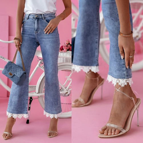 Damen Weit geschnittene Jeans mit Spitzenabschluss EB