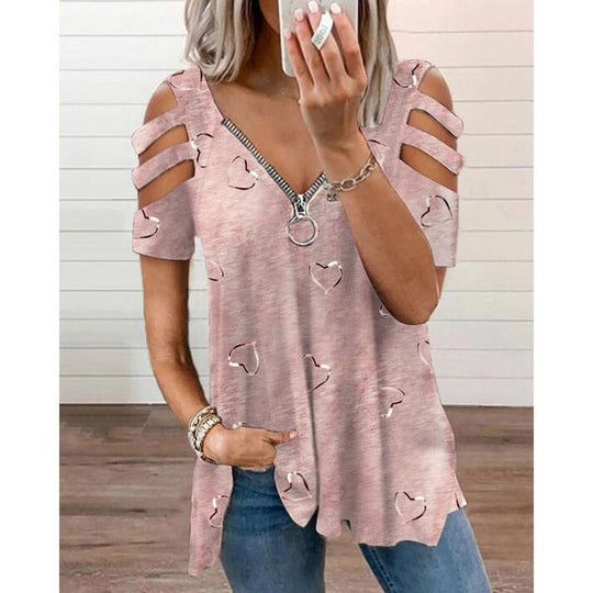 Damen V-Ausschnitt T-Shirt mit Cut-Outs und Herzdesign EB