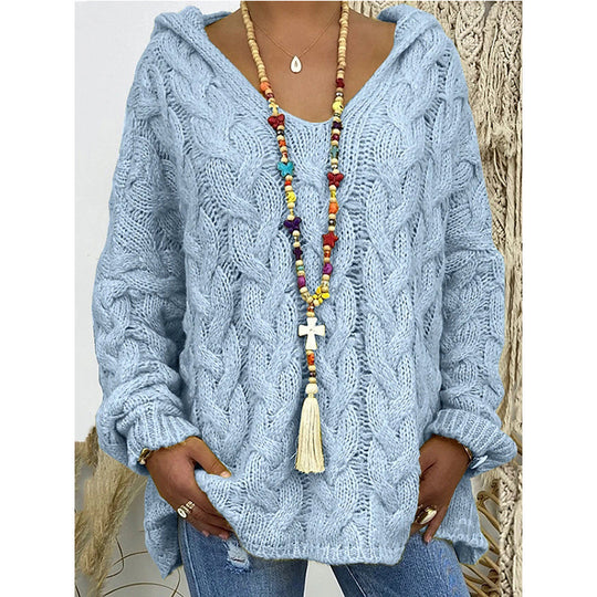 Damen nan grob gestrickter Kapuzenpullover mit Zopfmuster und weitem Oversize-Schnitt EB