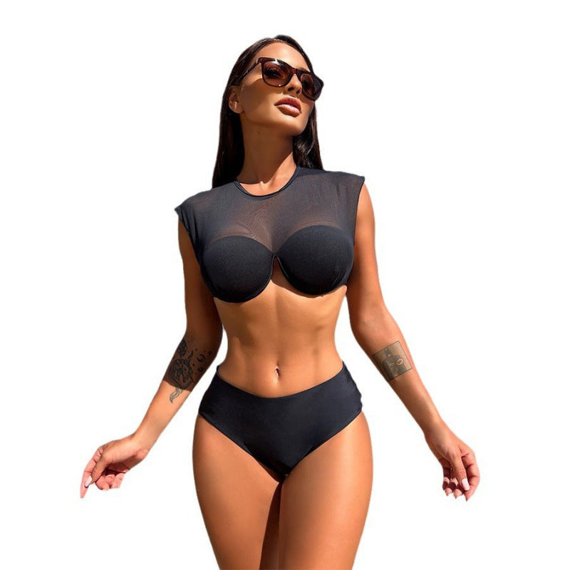 Damen Sport-Bikini-Oberteil mit transparenten Ärmeln und hochgeschnittenem Unterteil EB