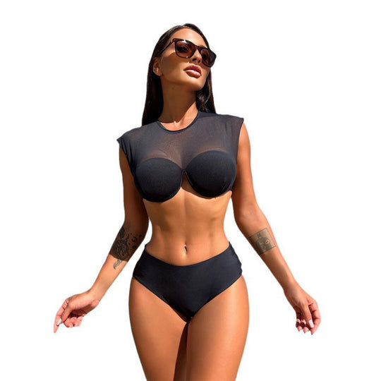 Damen Sport-Bikini-Oberteil mit transparenten Ärmeln und hochgeschnittenem Unterteil EB