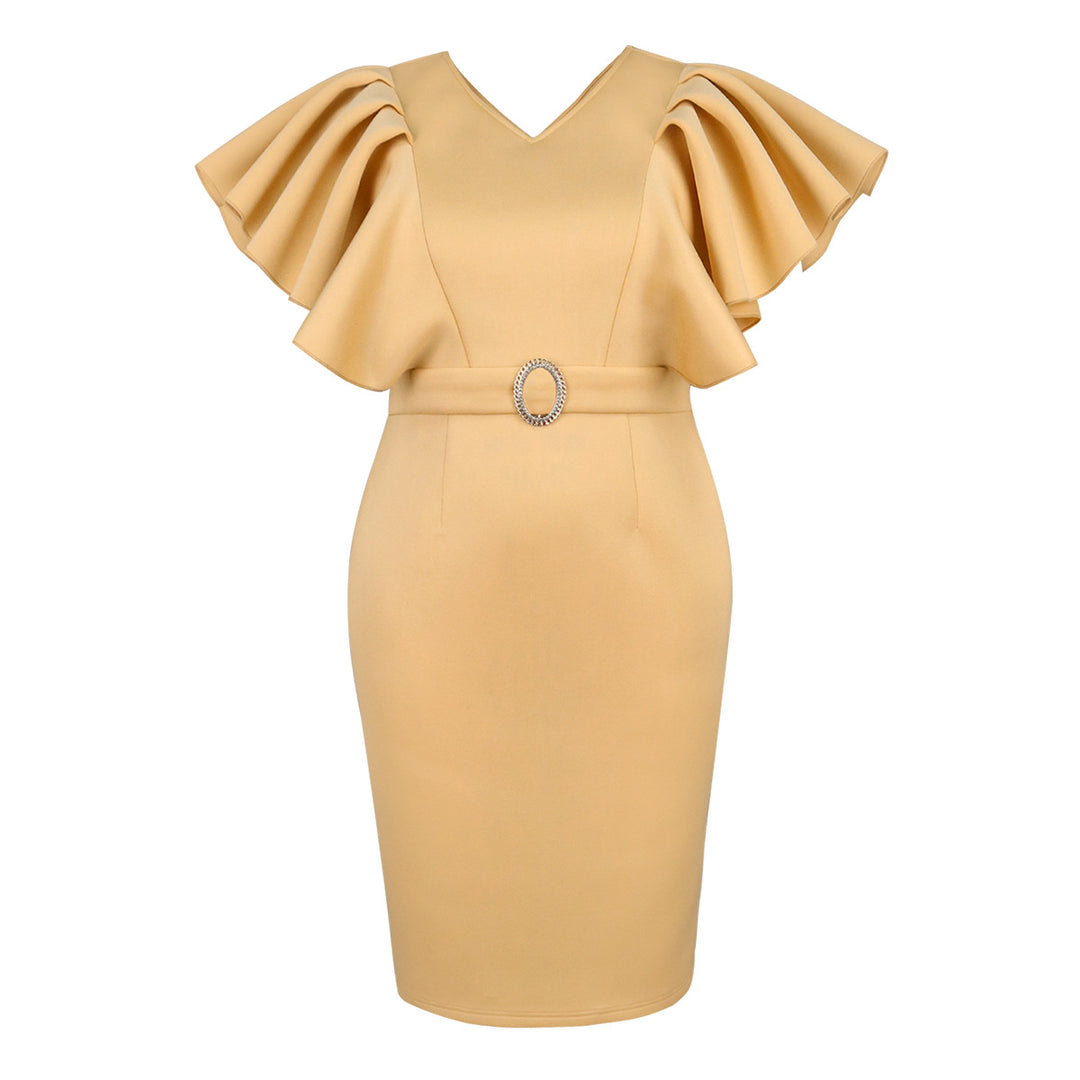 Damen figurbetontes Kleid mit voluminösen Rüschenärmeln und Taillengürtel EB