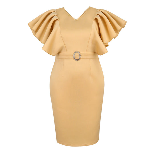 Damen figurbetontes Kleid mit voluminösen Rüschenärmeln und Taillengürtel EB