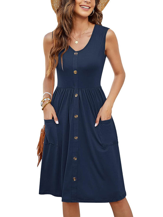Damen Knielanges Sommerkleid mit Knopfdetails und praktischen Taschen EB