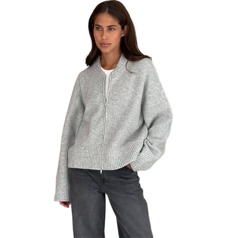 Damen lässige Strickjacke mit hohem Kragen und Reißverschluss EB