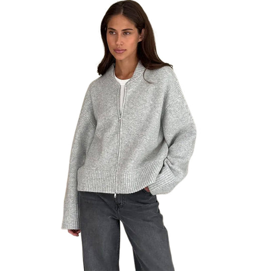 Damen lässige Strickjacke mit hohem Kragen und Reißverschluss EB