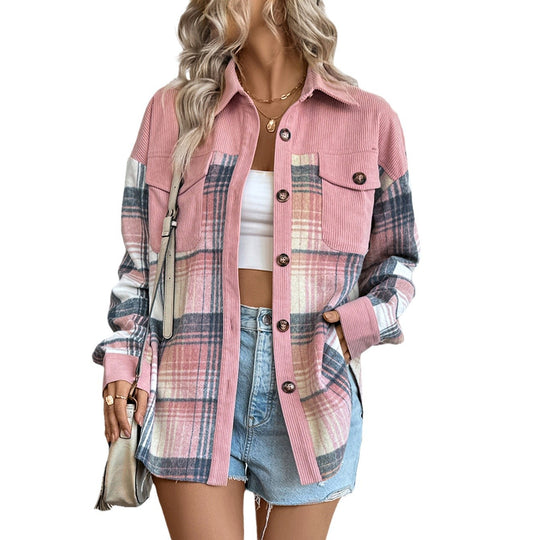 Damen Karierte Hemdjacke mit Cordbesatz und Oversize-Schnitt EB