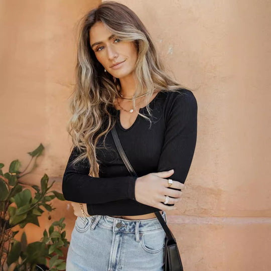 Damen Langarm-Crop-Top mit strukturiertem Rib Material EB