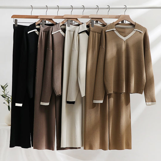 Damen gemütliches Strick-Loungewear-Set mit kontrastierendem Kragen und weitem Bein EB