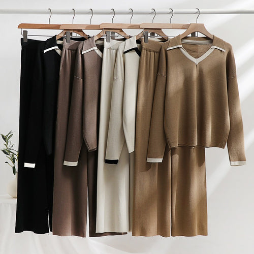 Damen gemütliches Strick-Loungewear-Set mit kontrastierendem Kragen und weitem Bein EB