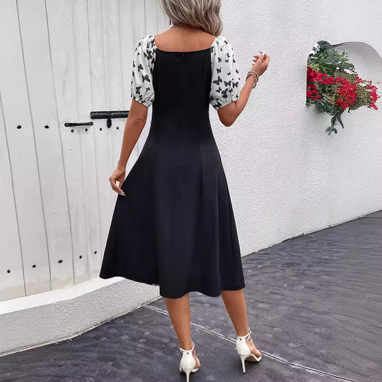 Damen Maxikleid mit Puffärmeln und Schmetterlingsmuster EB
