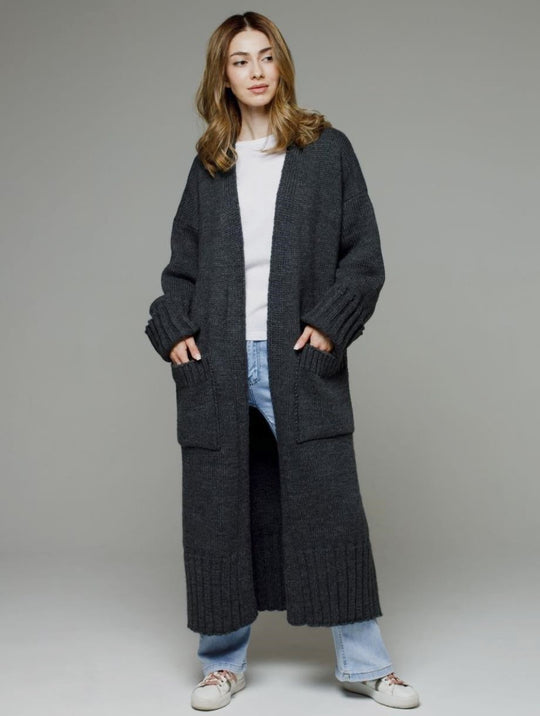 Damen bequemer langer Strickcardigan mit Taschen und breiten Ärmeln EB