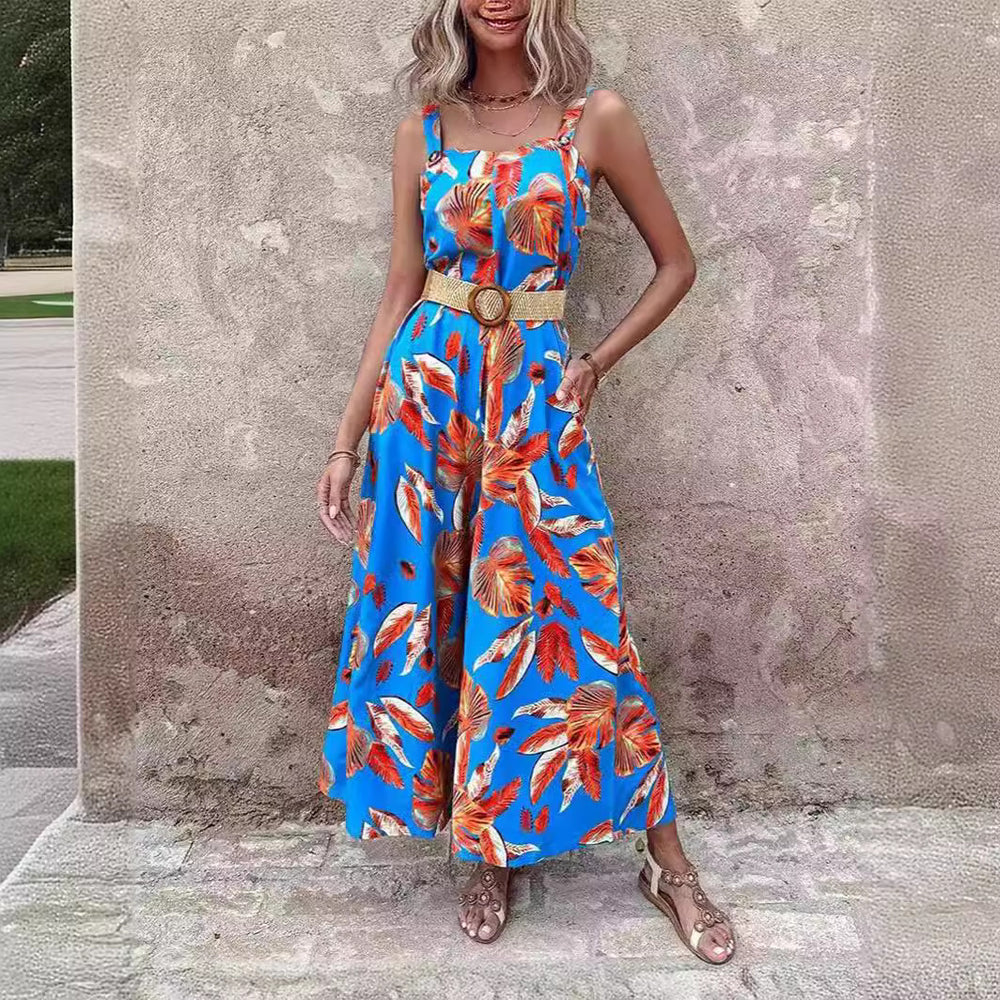 Damen lässiger Jumpsuit mit floralen Prints und breiten Beinen EB