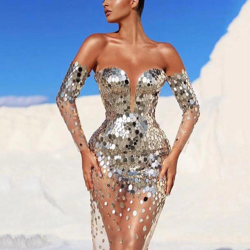 Damen Glitzerndes Abendkleid mit transparenten Ärmeln EB