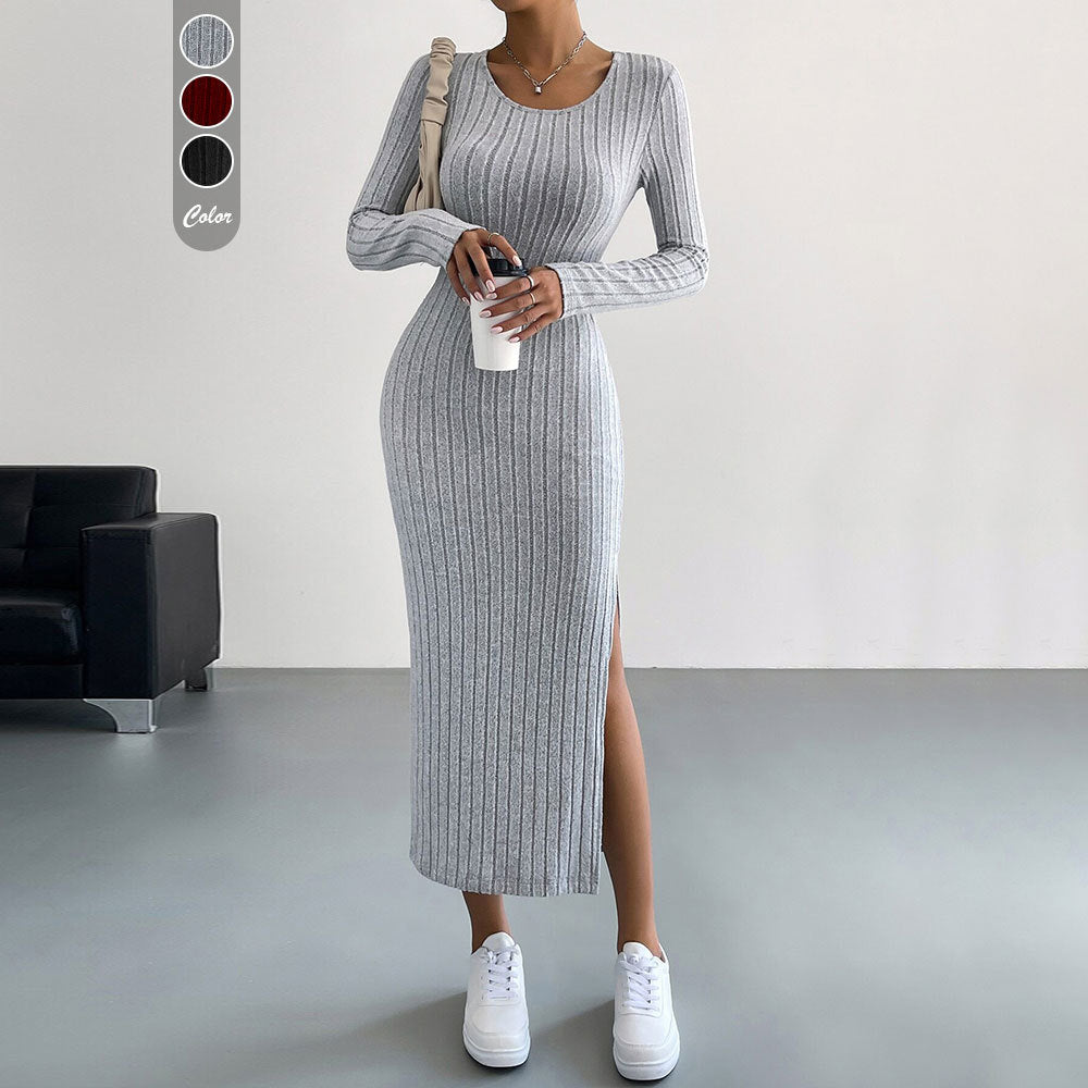 Damen figurbetontes Rippenstrick-Midikleid mit schmaler Silhouette, Rundhalsausschnitt und seitlichem Oberschenkelschlitz Eichborn Berlin