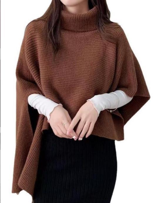 Damen Strickponcho mit hohem Kragen und asymmetrischem Schnitt EB