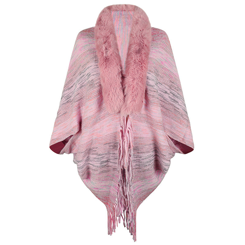 Damen eleganter Poncho mit luxuriösem Kunstfellkragen und fransigem Saum EB