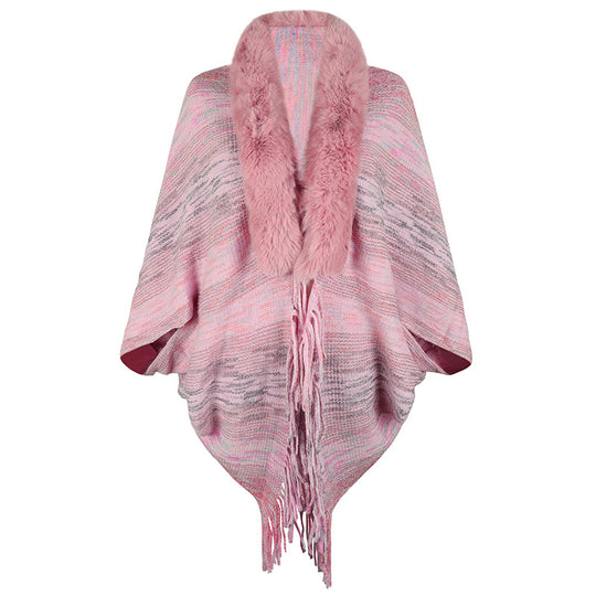 Damen eleganter Poncho mit luxuriösem Kunstfellkragen und fransigem Saum EB