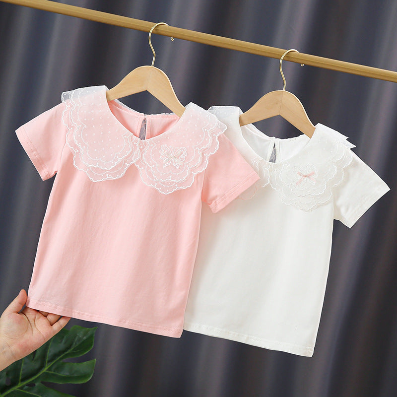 Mädchen T-Shirt mit elegantem Spitzeneinsatz und großem Kragen EB