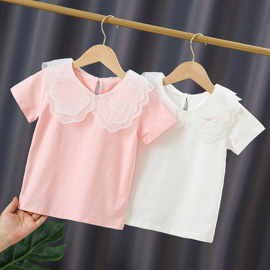 Mädchen T-Shirt mit elegantem Spitzeneinsatz und großem Kragen EB