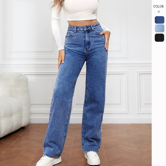 Damen Hoch geschnittene Denim-Jeans mit weitem Bein EB