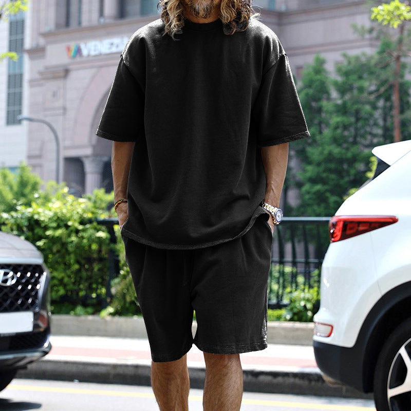 Herren nan oversized Loungewear-Set mit Boxy-Shirt Kordelbund-Bermuda und weichem Baumwollmix EB