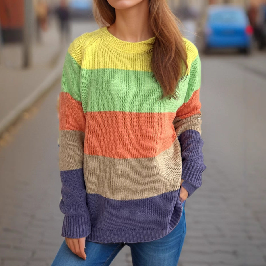 Damen lässiger Strickpullover mit bunten Blockstreifen und weitem Schnitt EB