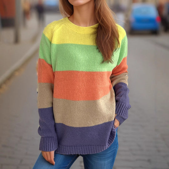 Damen lässiger Strickpullover mit bunten Blockstreifen und weitem Schnitt EB