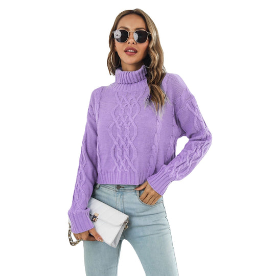 Damen Grobstrickpullover mit hohem Kragen und Zopfmuster EB
