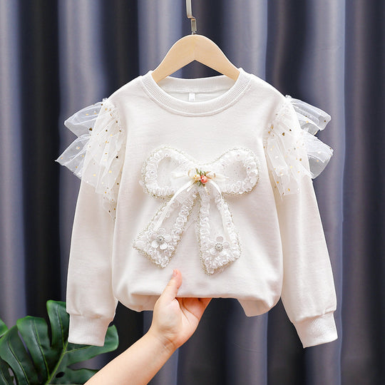 Mädchen modisches Sweatshirt mit transparenten Puffärmeln und Schleifendetail EB